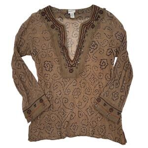 Chico’s Silk Crinkle Boho Tunic Embroidered Beaded Blouse Size 1 Festival Indie